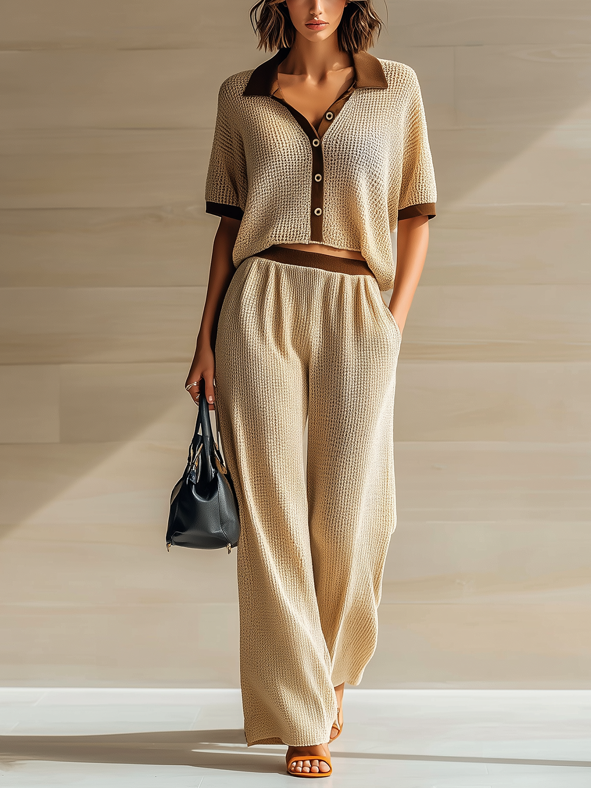 ElevenOra Chic Casual Beige Colorblock Lapel Collar Button-Front Short-Sleeve Loose Sweater Wide-Leg Pants Knit Two-Piece Set