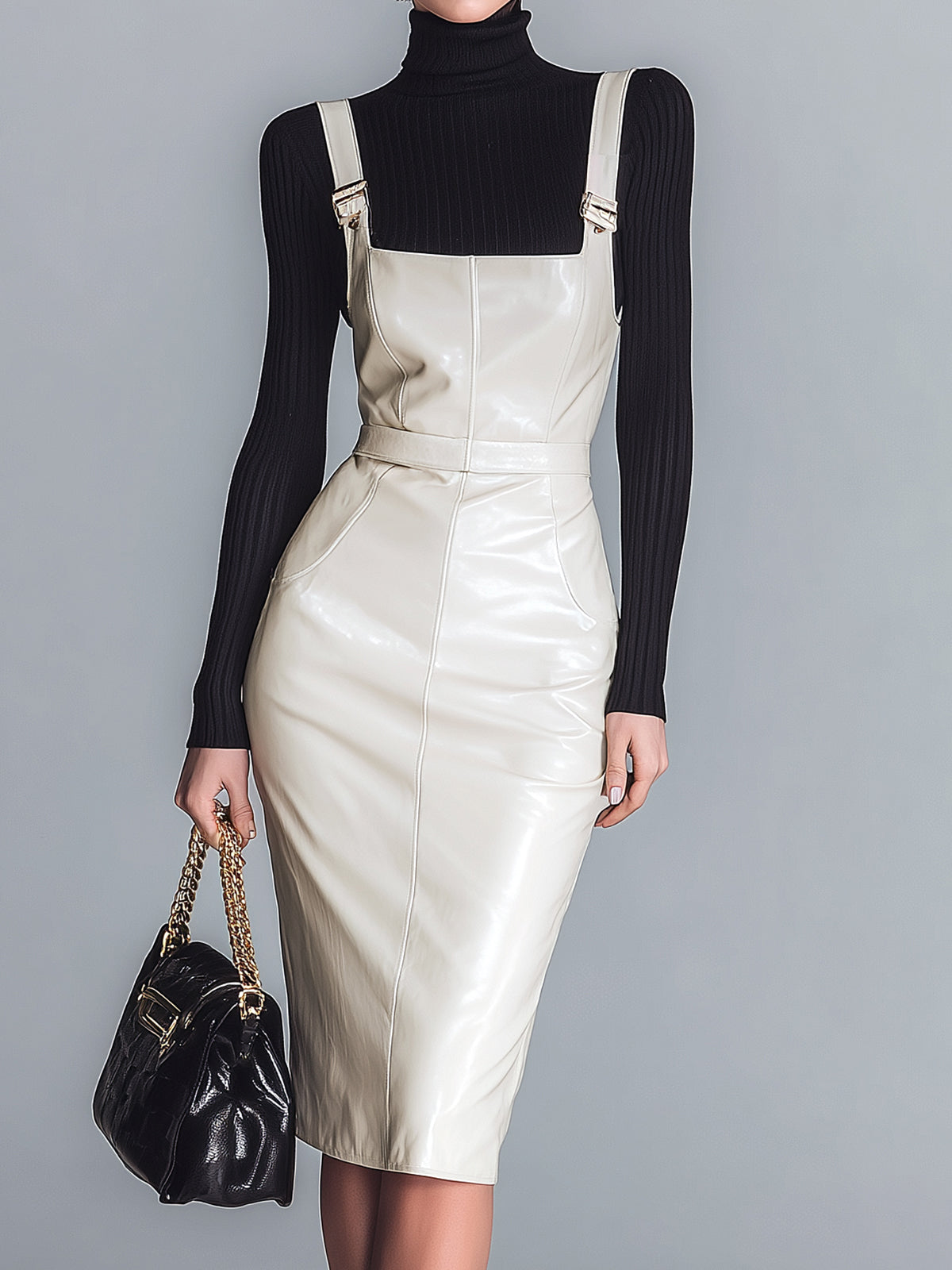 ElevenOra Chic Elegant Cream White Faux Leather Patchwork Slim-Fit Pinafore Midi Dress