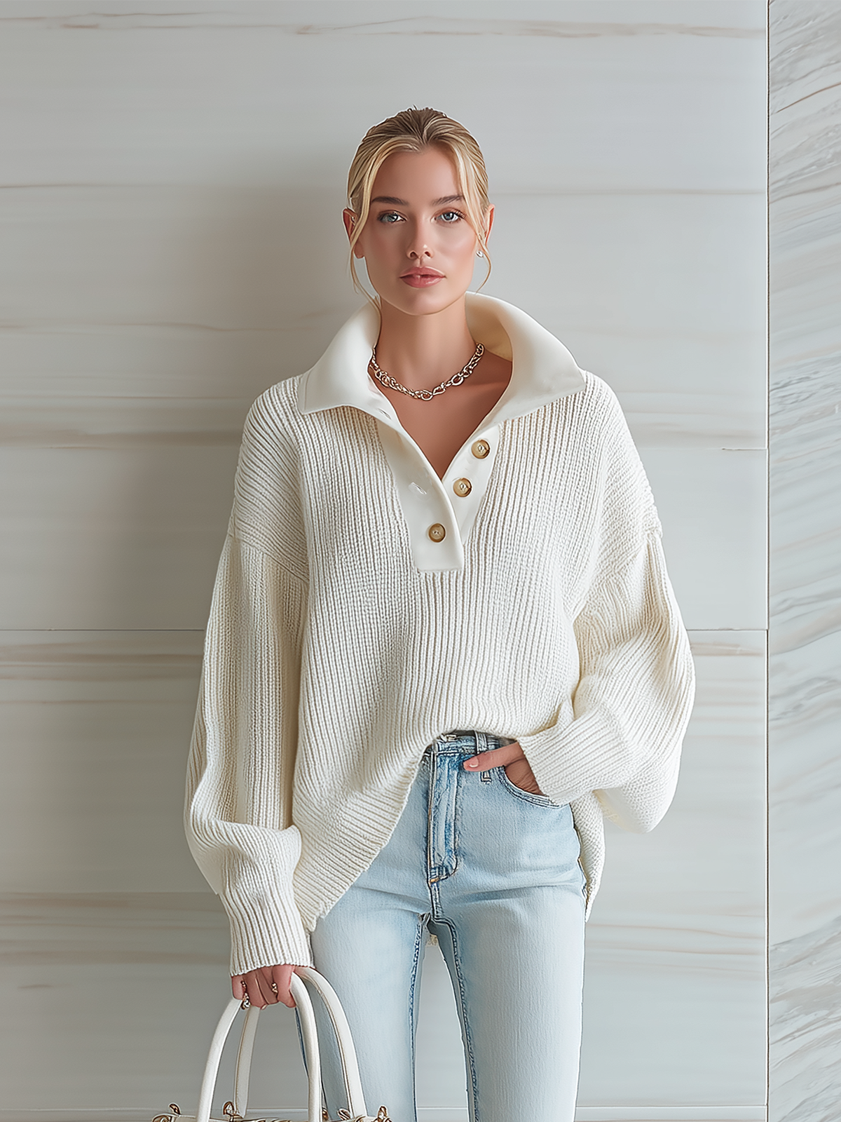 ElevenOra Chic Casual White Polo Collar Botton Loose Long-sleeved Knit Pullover Sweater