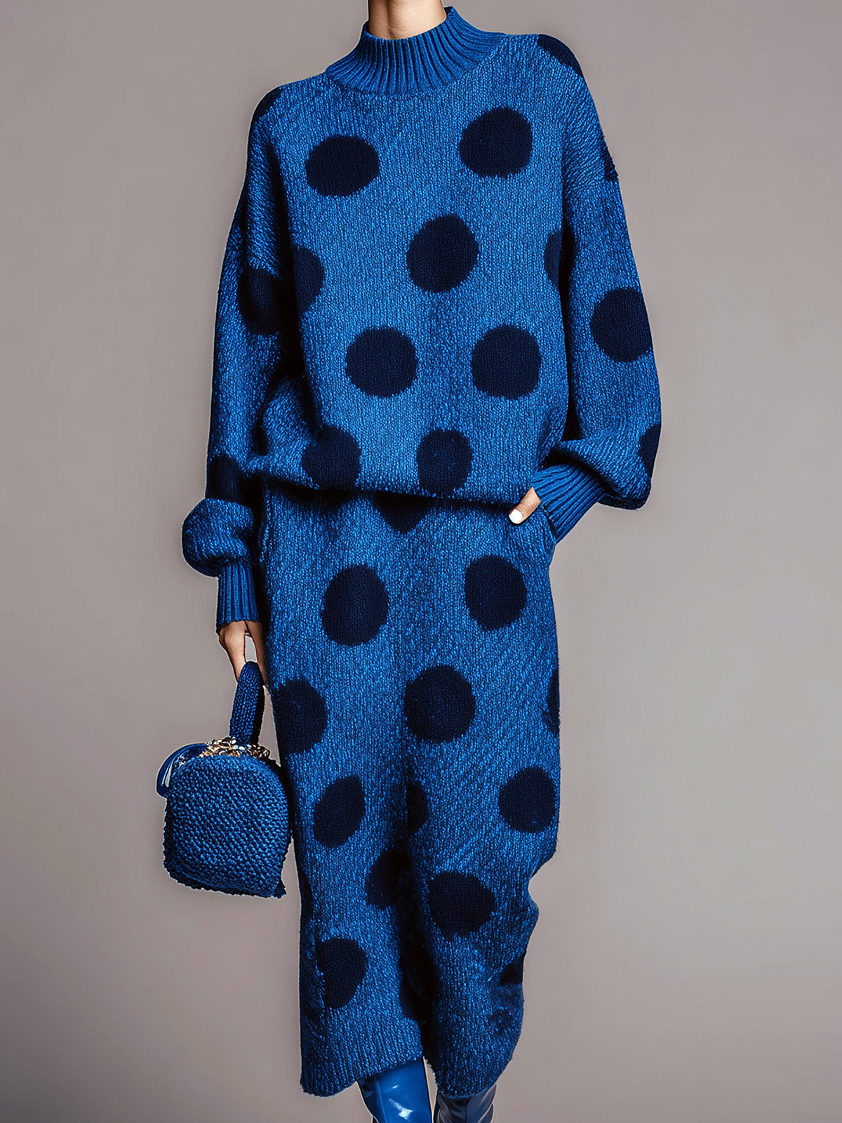 ElevenOra Chic Contrast Polka Dot Mock Neck Long Sleeve Top Midi Skirt Knit Two-Piece Set