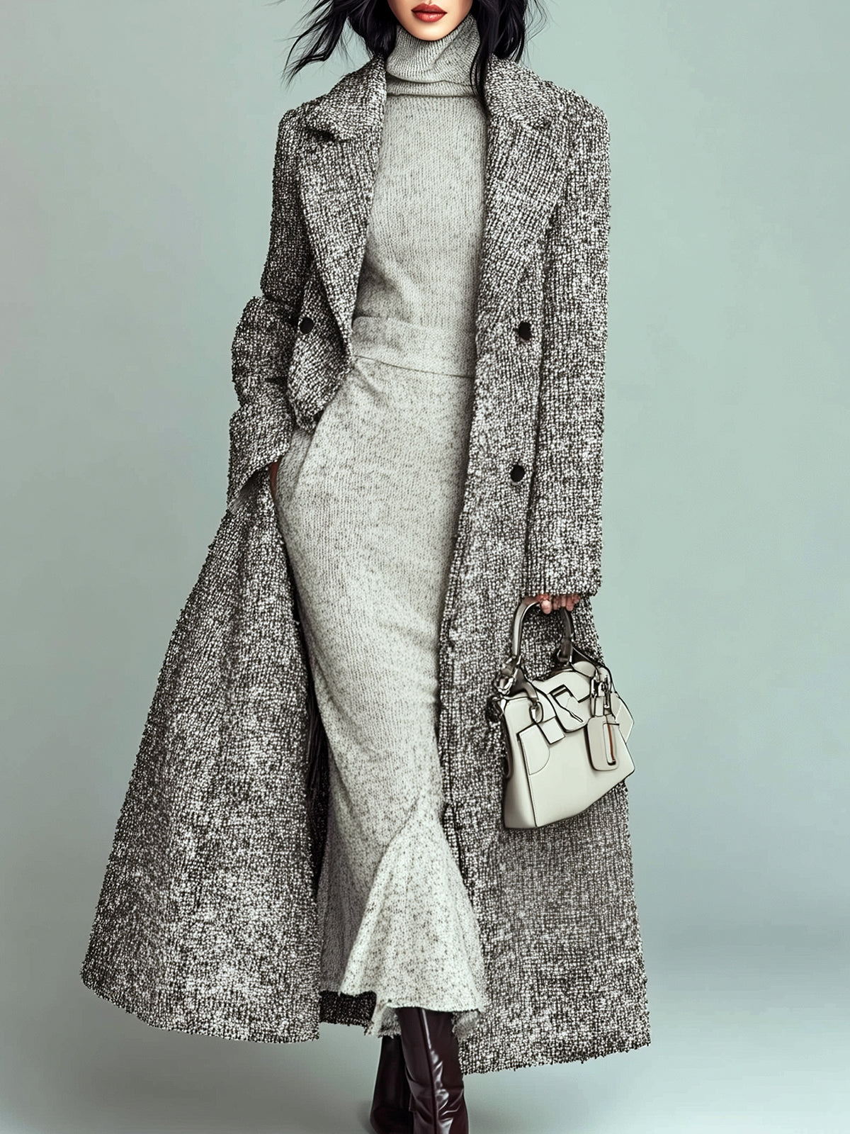 ElevenOra Stylish Gray Tweed Notch Lapel Double-breasted Loose Long Coat