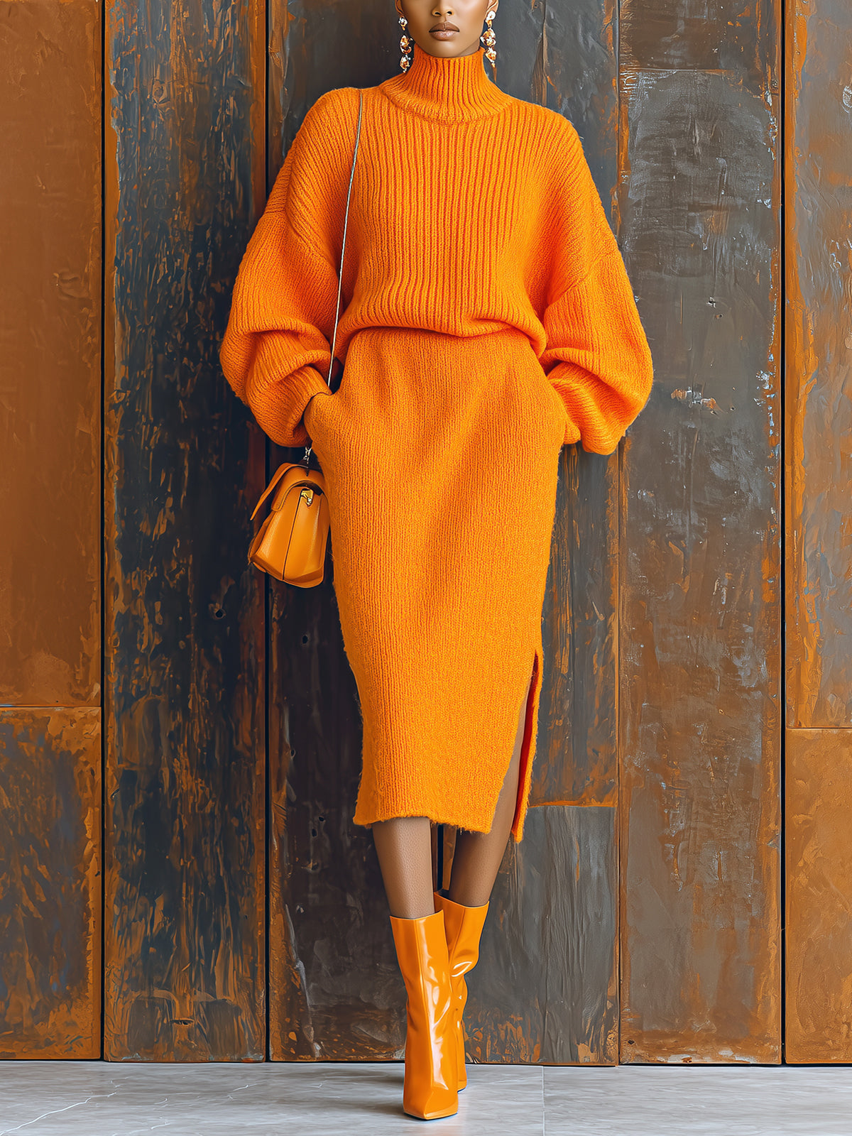 ElevenOra Chic Elegant Orange Turtle Neck Oversized Long Sleeve Sweater Bodycon Side Slit Midi Skirt Knit Two-Piece Set
