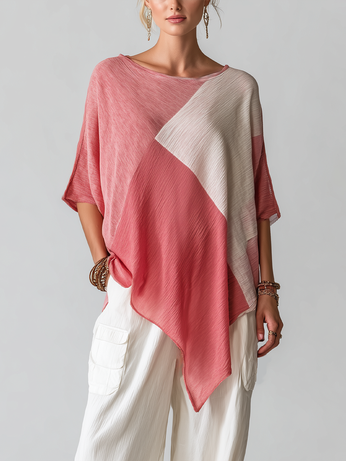 ElevenOra Chic Elegant Pink-White Colorblock  Round-Neck Short-Sleeve Oversized Chiffon Shirt