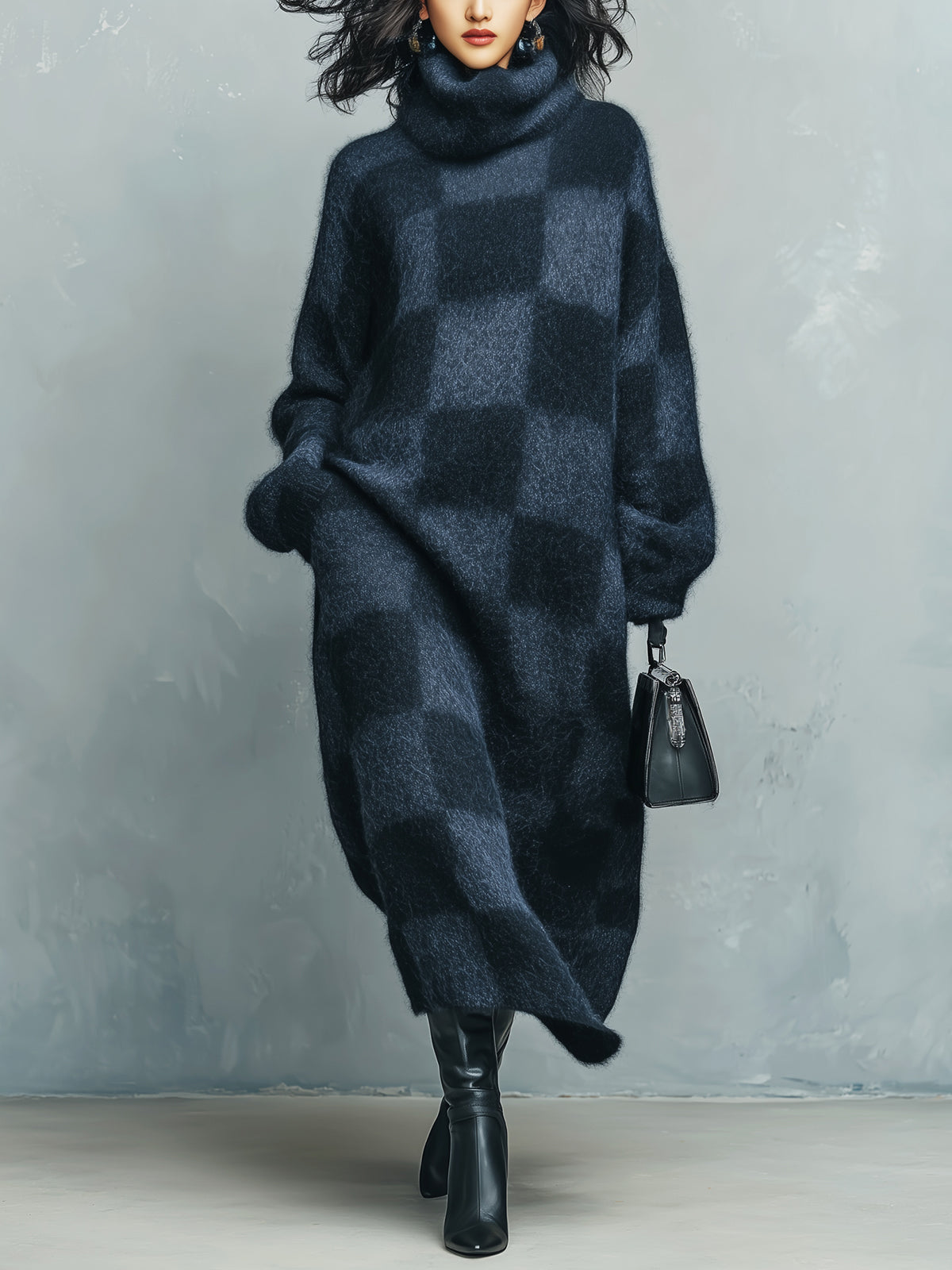 ElevenOra Chic Vintage Navy Contrast Plaid Cowl Neck Long Sleeve Oversized Fuzzy Knit Maxi Dress
