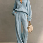 ElevenOra Chic Elegant Blue Lapel V-Neck Button Details Long Sleeve Oversize Sweater Wide-Leg Pants Ribbed Knit Two-Piece Set