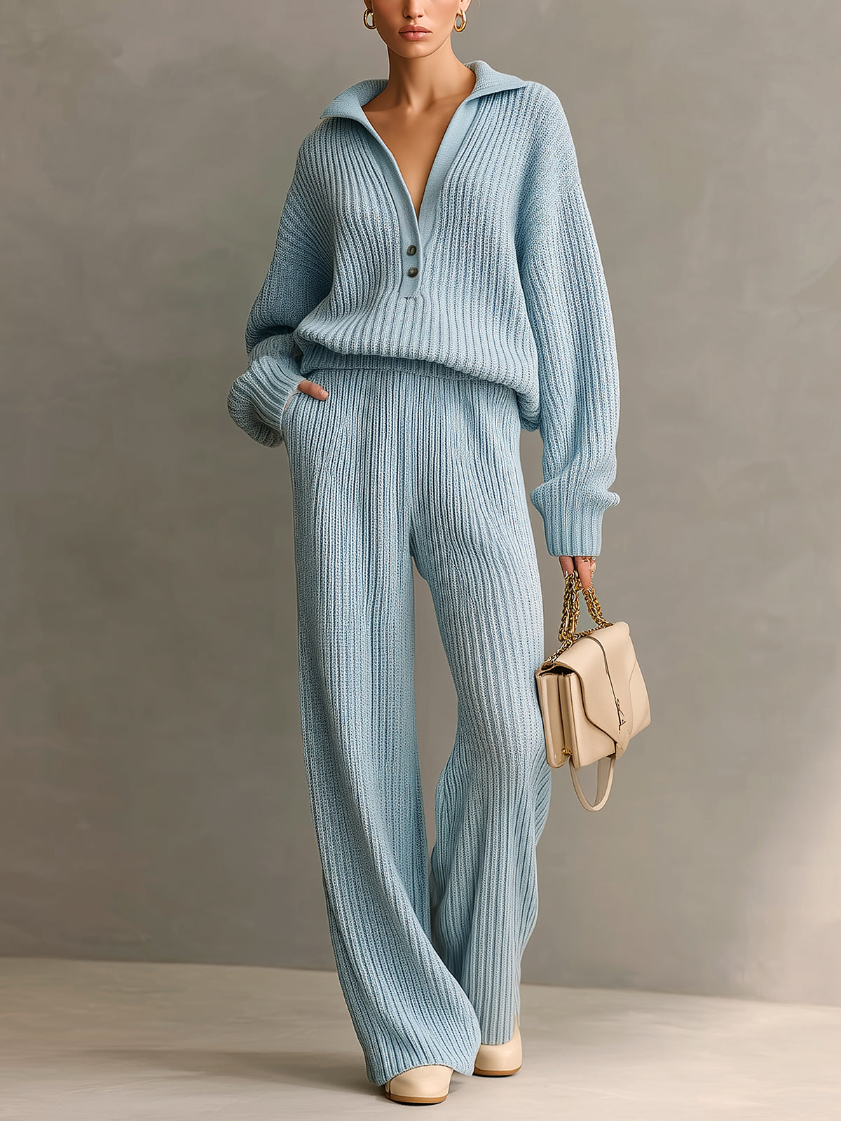 ElevenOra Chic Elegant Blue Lapel V-Neck Button Details Long Sleeve Oversize Sweater Wide-Leg Pants Ribbed Knit Two-Piece Set