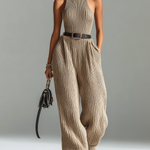 ElevenOra Chic Elegant Camel Mock-Neck Sleeveless Slim Fit Belted Waist Wide-Leg Ribbed Knit Jumpsuit