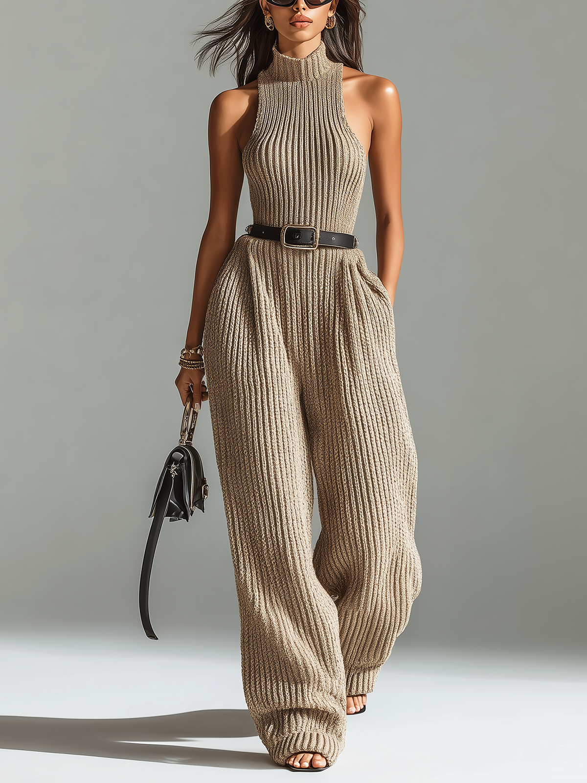 ElevenOra Chic Elegant Camel Mock-Neck Sleeveless Slim Fit Belted Waist Wide-Leg Ribbed Knit Jumpsuit