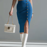 ElevenOra Chic Elegant Royal Blue Side Button Split Slim-Fit Ribbed Knit Midi Pencil Skirt