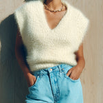 ElevenOra Chic Elegant Cream White V-Neck Sleeveless Puffy Shoulder Fuzzy Knit Tank Top