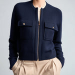 ElevenOra Casual Navy Blue Crew Neck Zip-Up Double Pocket Zipper-Front Cropped Sophisticated Knit Cardigan