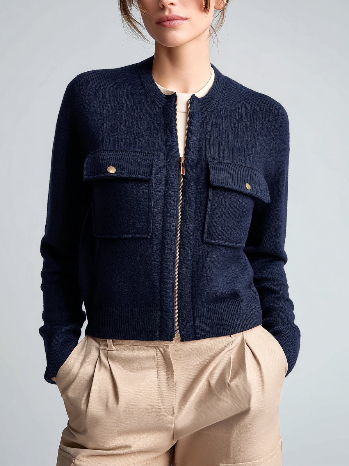 ElevenOra Casual Navy Blue Crew Neck Zip-Up Double Pocket Zipper-Front Cropped Sophisticated Knit Cardigan