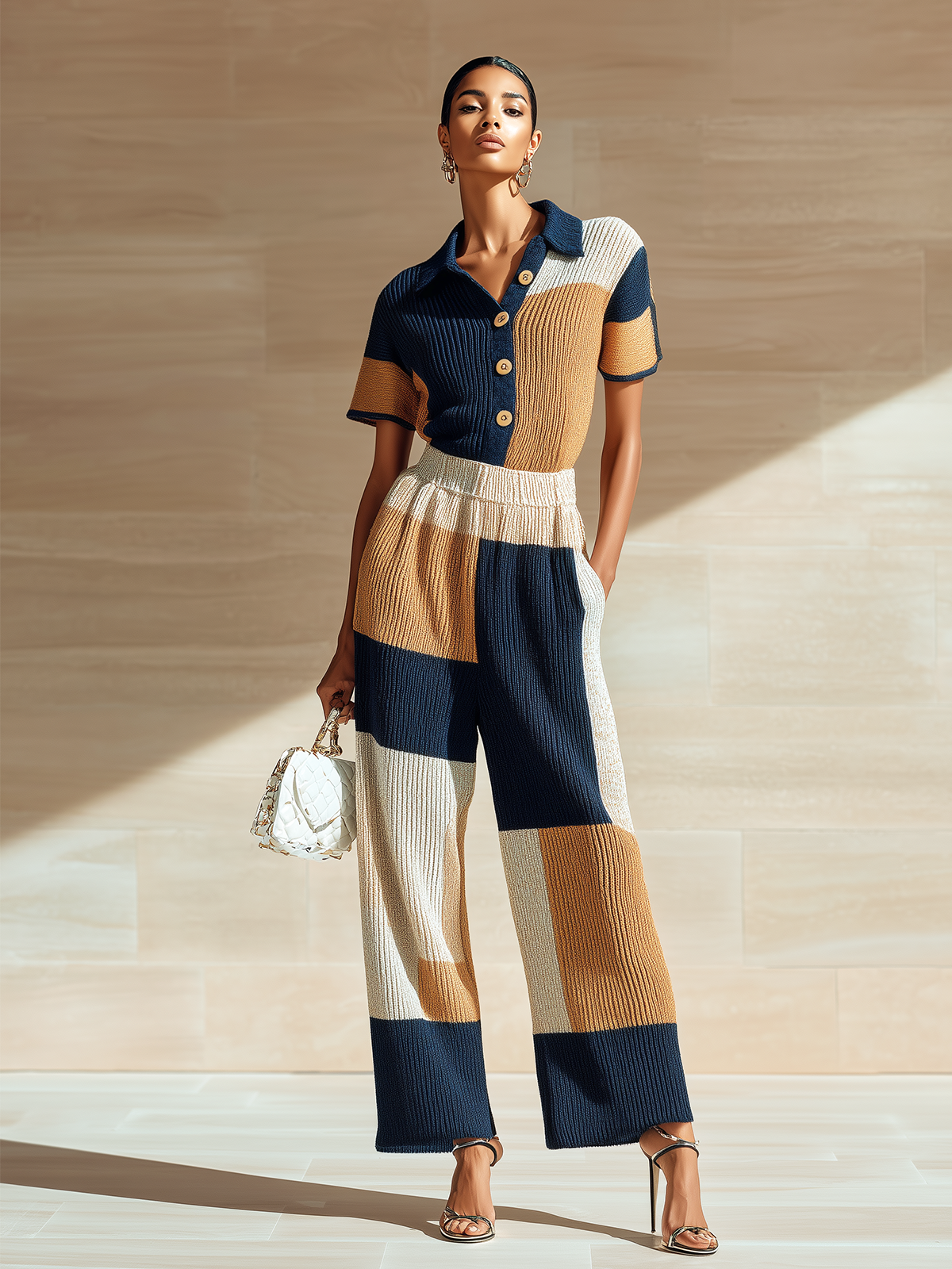 ElevenOra Stylish Elegant Navy Blue-Brown Colorblock Lapel Collar Button-Front Slim-Fit Wide-Leg Ribbed Knit Jumpsuit