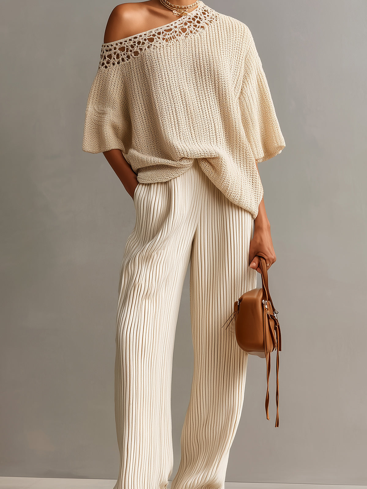 ElevenOra Chic Elegant Beige One Shoulder Short-Sleeve Lace Details Loose-Fit Sweater Wide-Leg Pants Ribbed Knit Two-Piece Set
