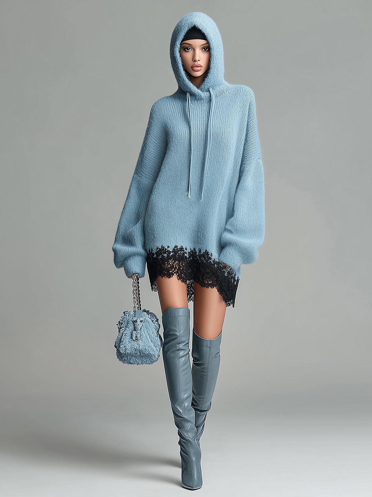 ElevenOra Chic Casual Baby Blue Hooded Long Sleeve Contrast Lace Patchwork Oversized Knit Mini Dress