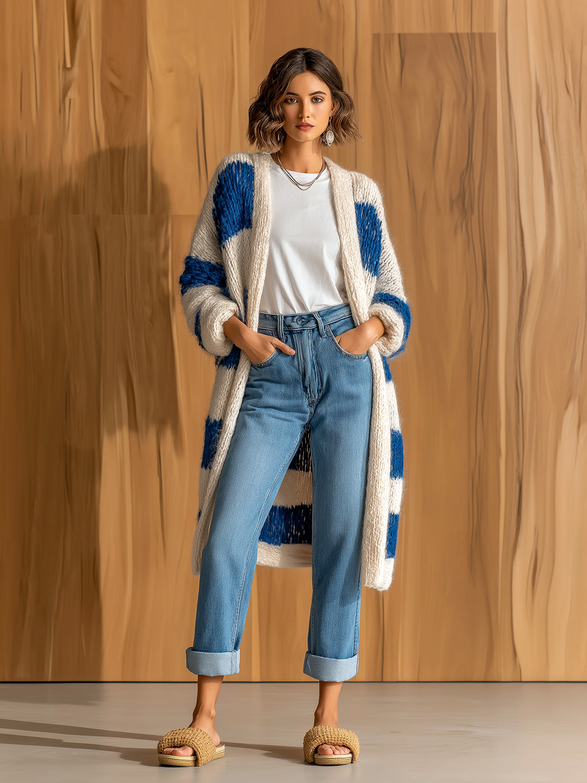 ElevenOra Chic Elegant Royal Blue Beige Stripes Shawl Collar Long-Sleeve Loose-Fit Knit Mid-Length Cardigan