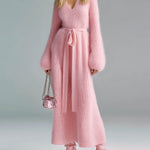 ElevenOra Chic Elegant Pink V-Neck Long Lantern Sleeve Loose Tie-Waist Fuzzy Mohair Knit Maxi Dress