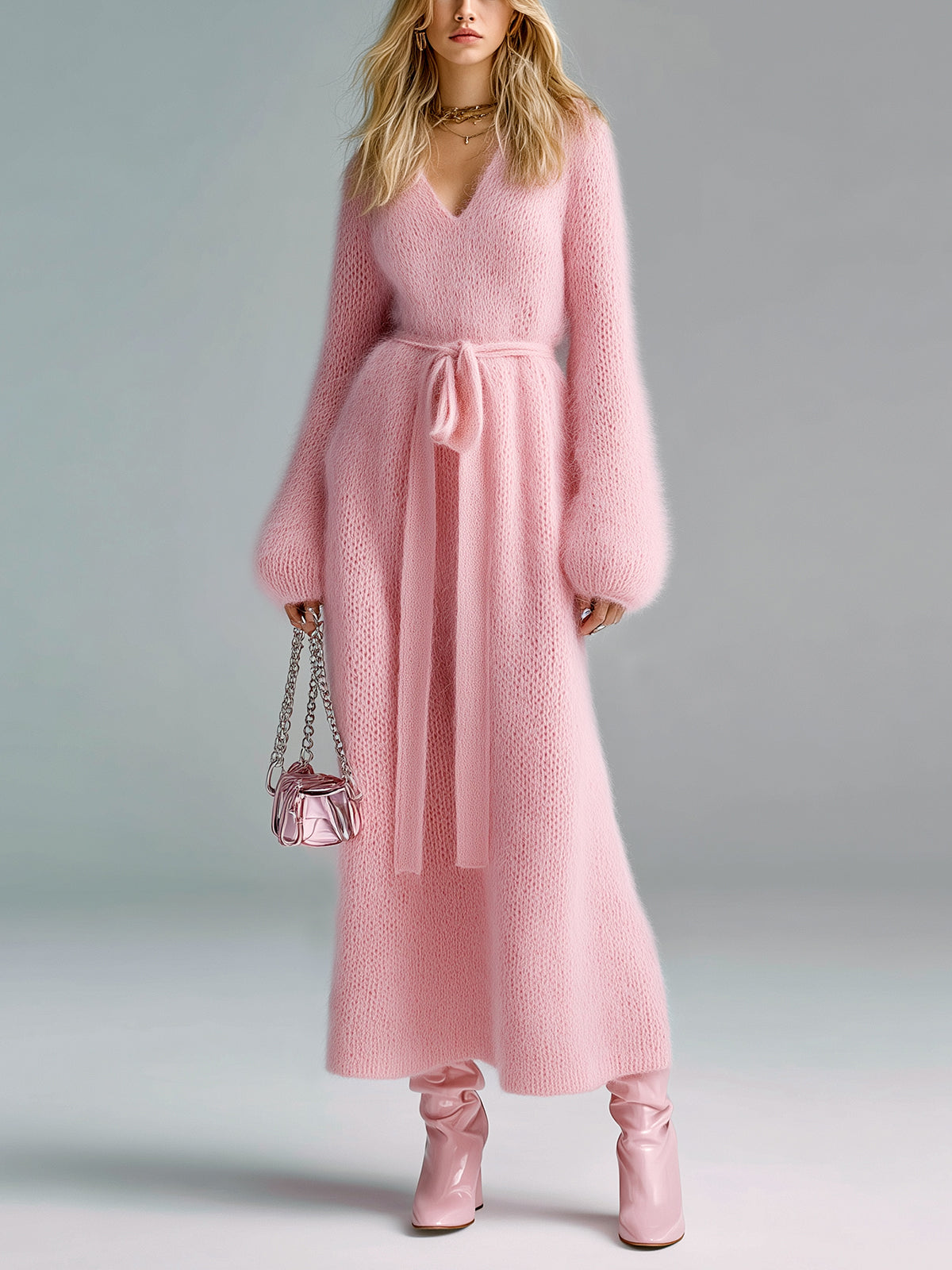 ElevenOra Chic Elegant Pink V-Neck Long Lantern Sleeve Loose Tie-Waist Fuzzy Mohair Knit Maxi Dress
