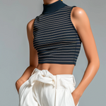 ElevenOra Chic Casual Navy Blue Stripes Mock Neck Slim-Fit Sleeveless Knit Tank Top