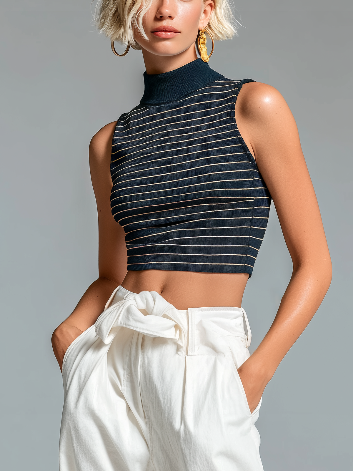 ElevenOra Chic Casual Navy Blue Stripes Mock Neck Slim-Fit Sleeveless Knit Tank Top