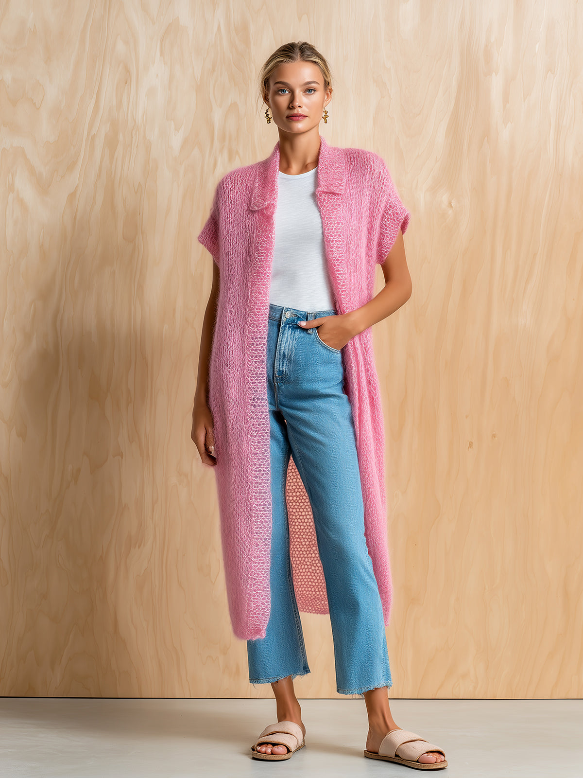 ElevenOra Chic Elegant Pink Lapel Collar Short-Sleeve Loose-Fit Mohair Knit Long Cardigan