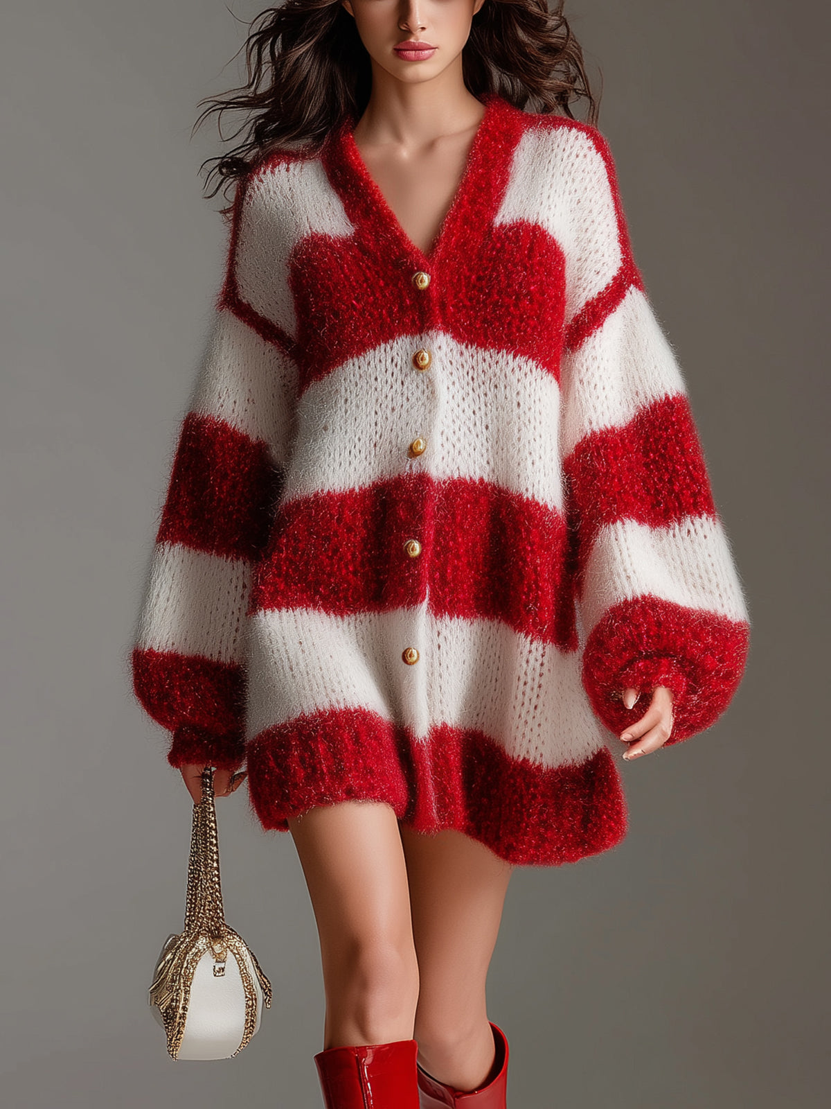 ElevenOra Chic Vintage Red And White Striped V-Neck Single-Breasted Long Lantern Sleeve Oversized Knit Mini Dress