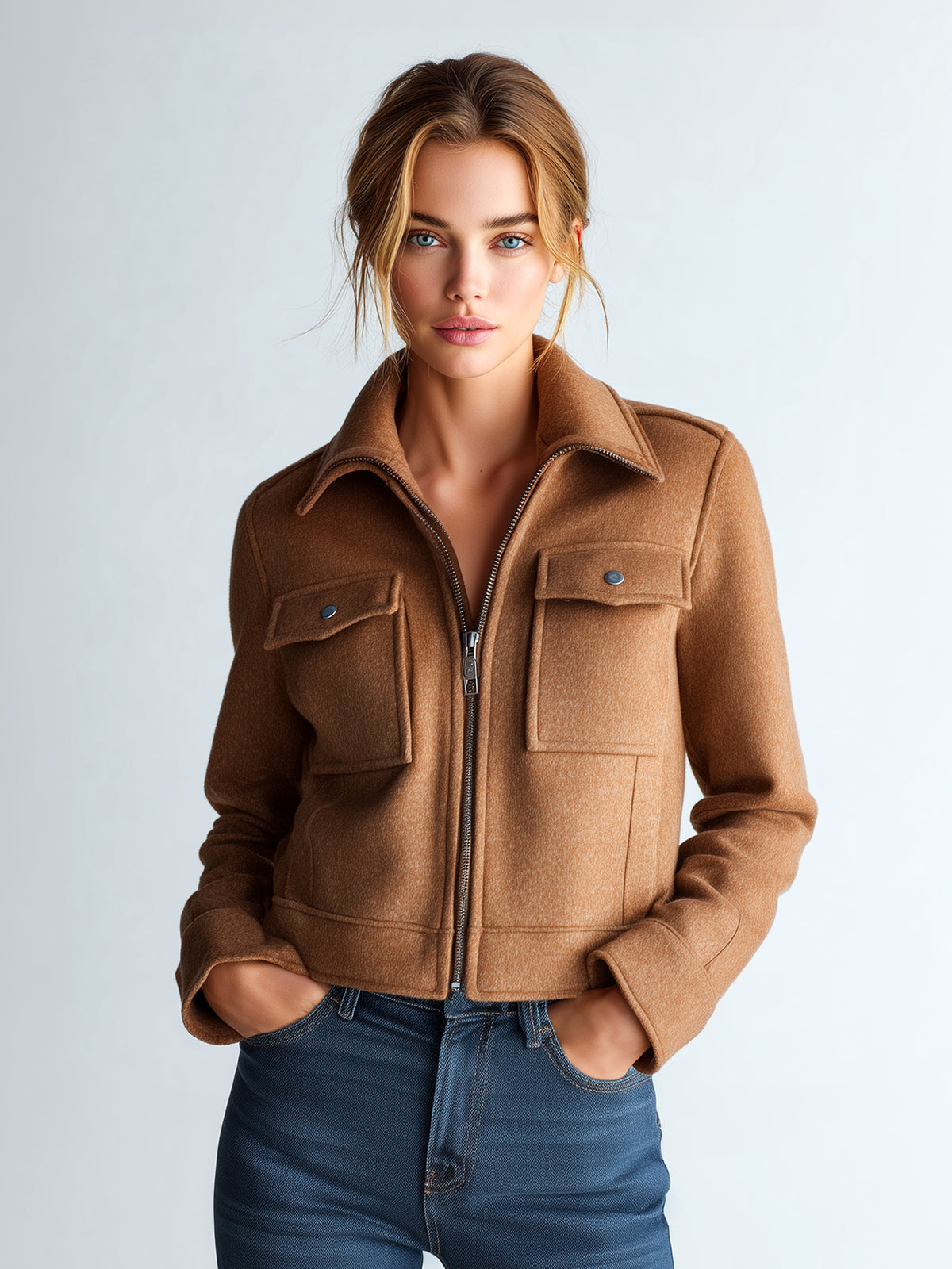 ElevenOra Casual Camel Wool Blend Lapel Zip-Up Double Pocket Short Sophisticated Jacket