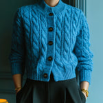 ElevenOra Chic Casual Lake Blue Cable Knit Crew Neck Black Button Cropped Knit Cardigan