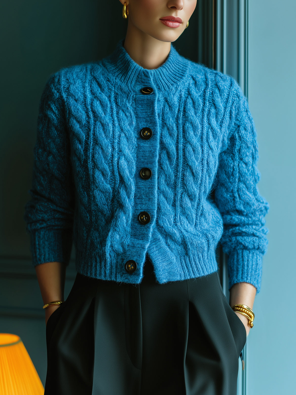 ElevenOra Chic Casual Lake Blue Cable Knit Crew Neck Black Button Cropped Knit Cardigan