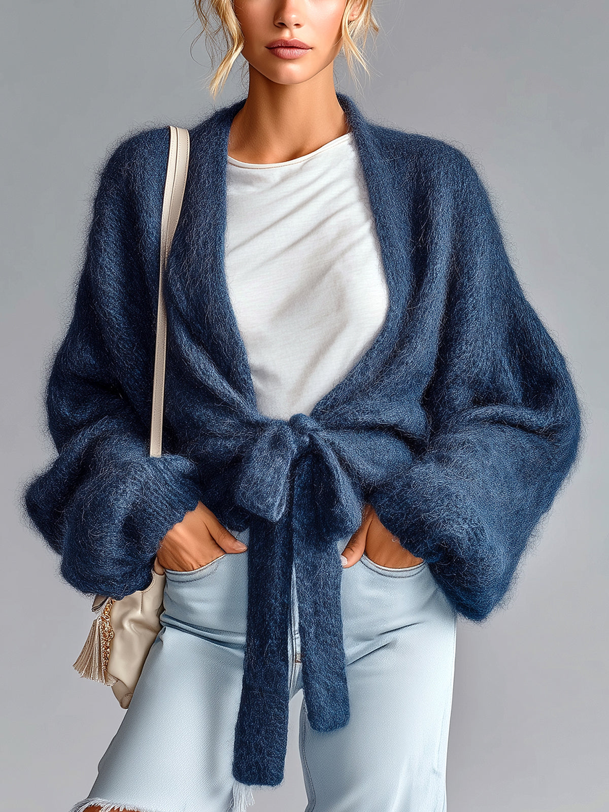 ElevenOra Chic Vintage Navy V-Neck Lantern Sleeve Tie Waist Oversized Knit Corpped Cardigan