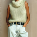 ElevenOra Chic Vintage Light Green Cowl Collar Sleeveless Fuzzy Ribbed Knit Tank Top