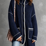 ElevenOra Chic Elegant Navy Blue Stand-Collar Long-Sleeve Single-Breasted Contrast Trim Detail Patch Pockets Loose-Fit Wool Blend Knit Cardigan