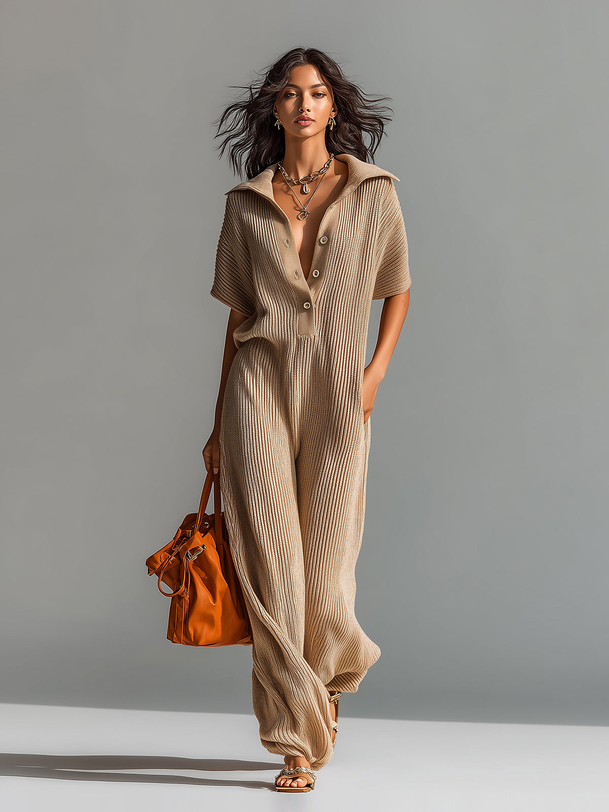 ElevenOra Chic Elegant Camel Lapel Button-Up V-Neck Short-Sleeve Loose-Fit Lantern Pants Ribbed Knit Jumpsuit