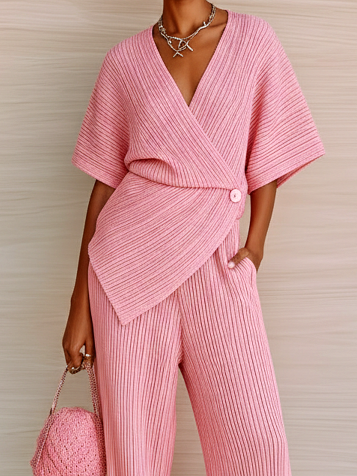 ElevenOra Stylish Elegant Pink V-Neck Short-Sleeve Loose Sweater Wide-Leg Pants Knit Two-Piece Set