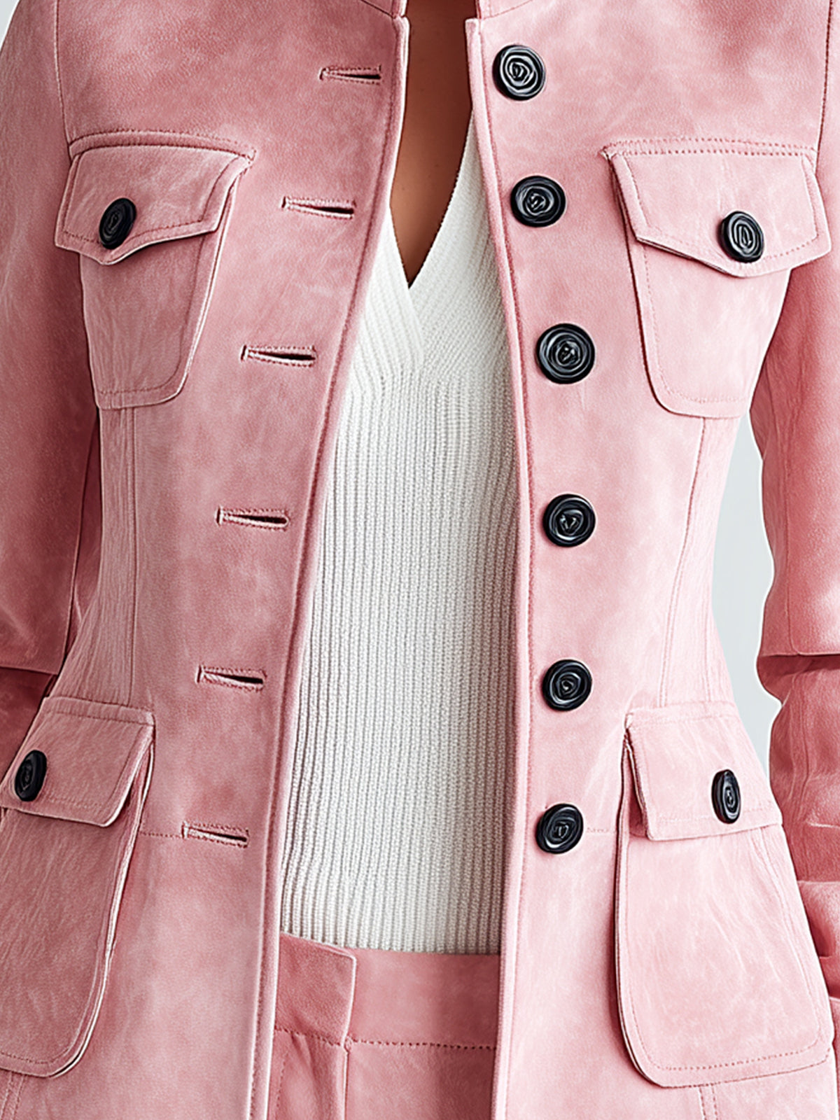 ElevenOra Sophisticated Office Pink Faux Suede Stand Collar Button-Front Multi-Pocket Slim-Fit Jacket