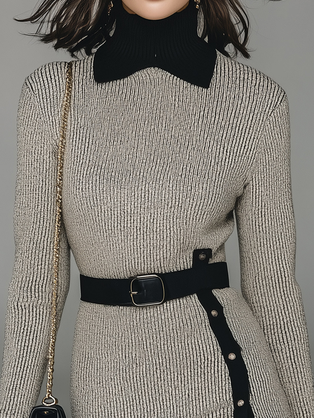 ElevenOra Stylish Color-blocked High-neck Belted Slim Fit Hem Side Slit Long-sleeved Knitted Mini Dress