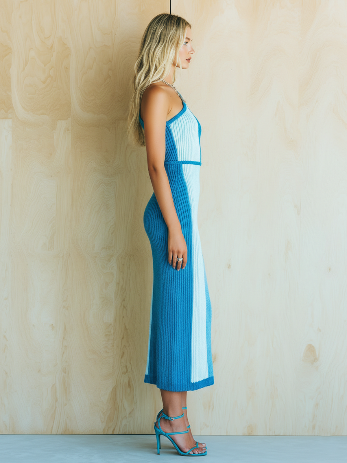 ElevenOra Chic Elegant Blue Colorblock One-Shoulder Sleeveless Slim-Fit Side Slit Ribbed Knit Midi Dress