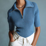 ElevenOra Chic Casual Dark Blue Lapel Collar Zipper-Front Short-Sleeve Slim-Fit Ribbed Knit Polo Sweater