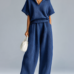ElevenOra Fashion Casual Dark Blue Lapel V-neck Short-Sleeve Loose Sweater Wide-Leg Pants Knit Two-Piece Set