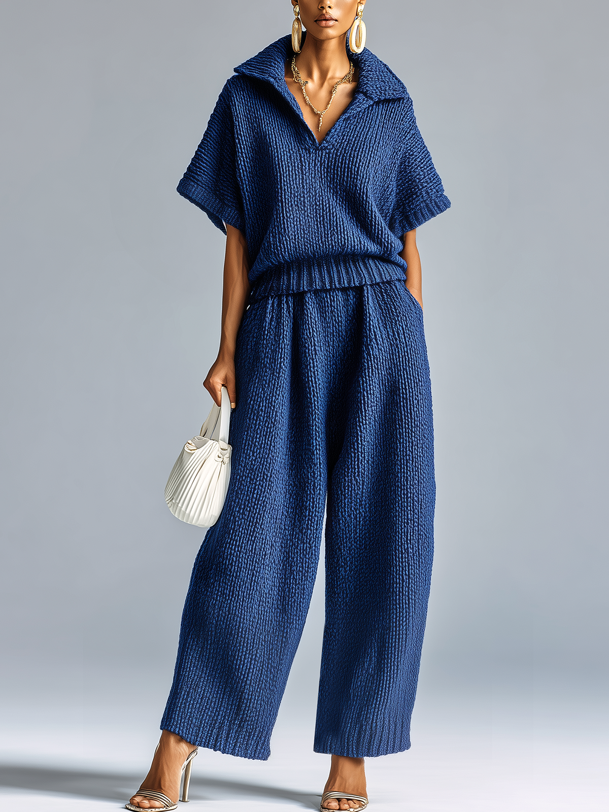 ElevenOra Fashion Casual Dark Blue Lapel V-neck Short-Sleeve Loose Sweater Wide-Leg Pants Knit Two-Piece Set