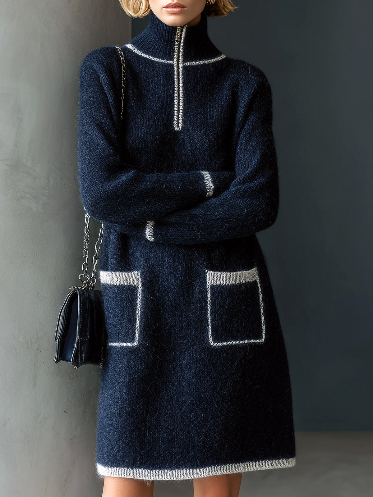 ElevenOra Chic Casual Navy Zipper Stand Collar Patch Pockets Long Sleeve Fuzzy Knit Mini Dress
