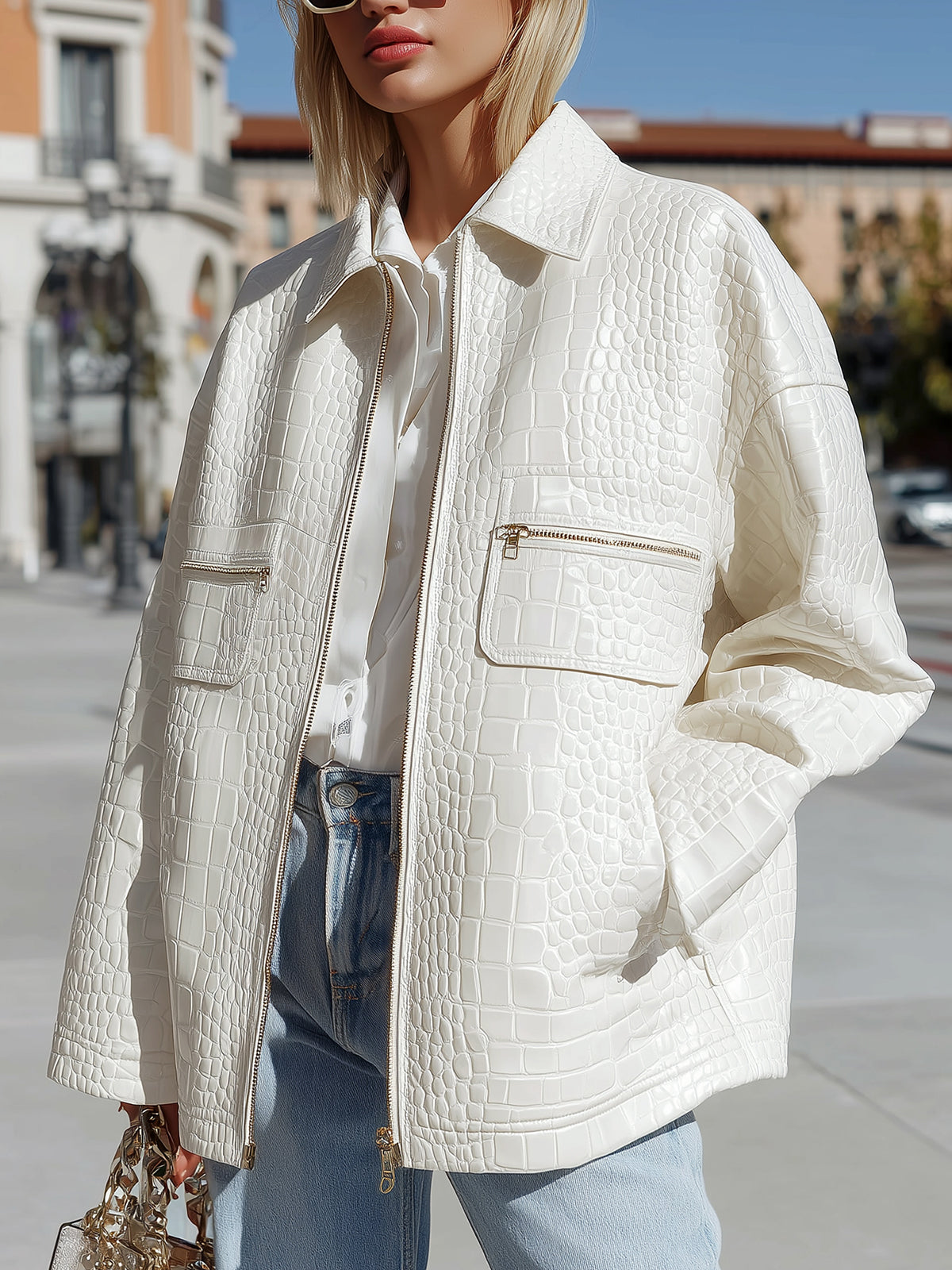 ElevenOra Casual Chic White Crocodile Faux Leather Lapel Zip-front Oversized Jacket