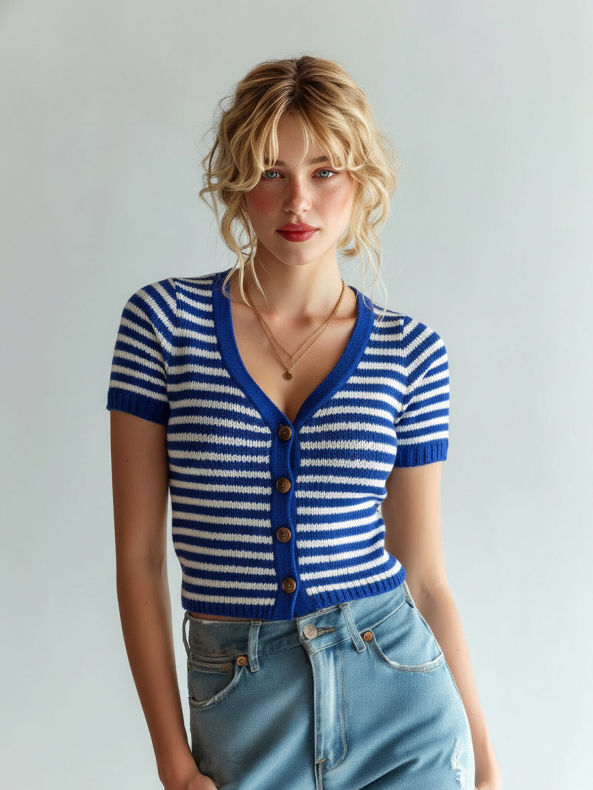 ElevenOra Chic Elegant Contrast Stripes V-Neck Single-Breasted Short-Sleeve Slim-Fit Knit Cardigan Top