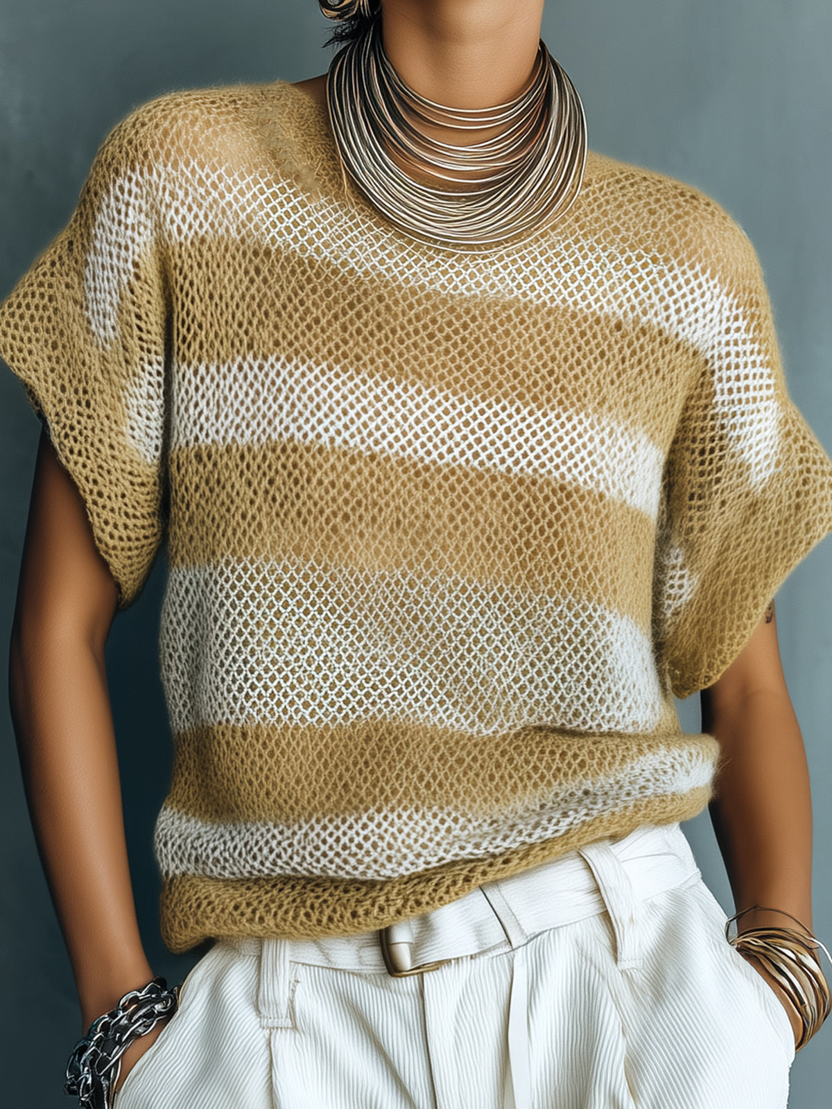 ElevenOra Chic Casual Khaki-White Stripes Round Neck Short-Sleeve Loose-Fit Knit Sweater Top
