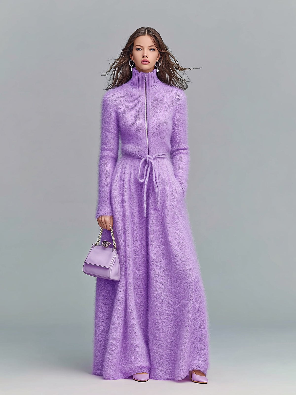 ElevenOra Chic Elegant Lavender Zip-Up Stand Collar Long-Sleeve Tailored Tie-Waist A-Line Knit Maxi Dress