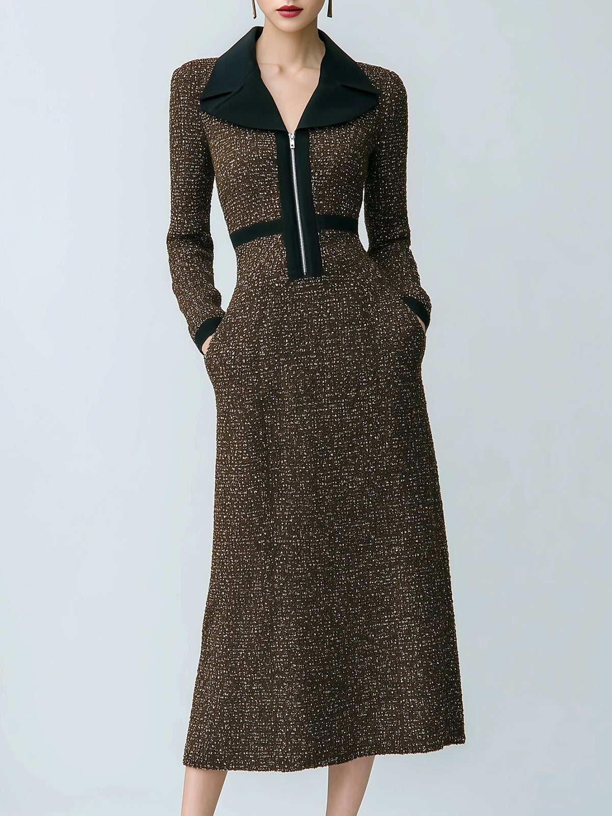 ElevenOra Casual Office Colorblock Tweed Patchwork Notched Lapel Tailored Long Sleeve Midi Dress