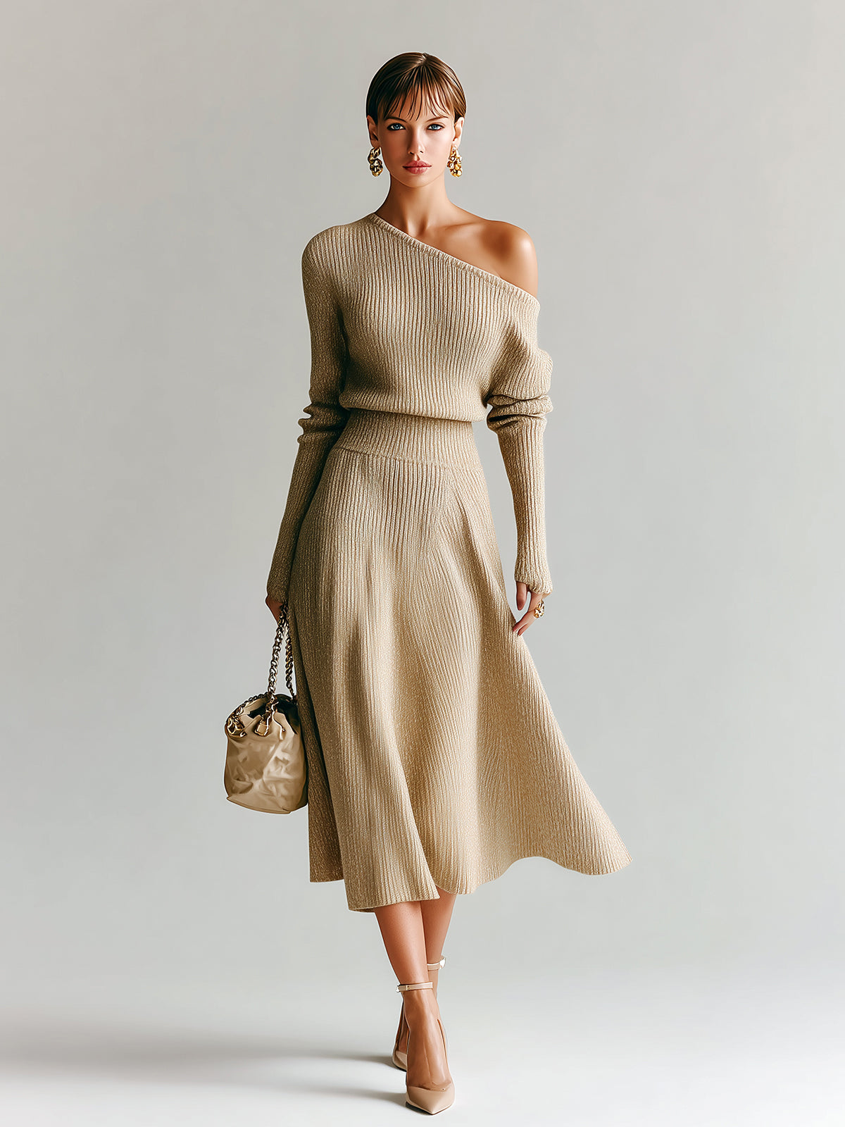 ElevenOra Chic Elegant One-Shoulder Long Sleeve Sweater A-Line Midi Skirt Knit Two-Piece Set