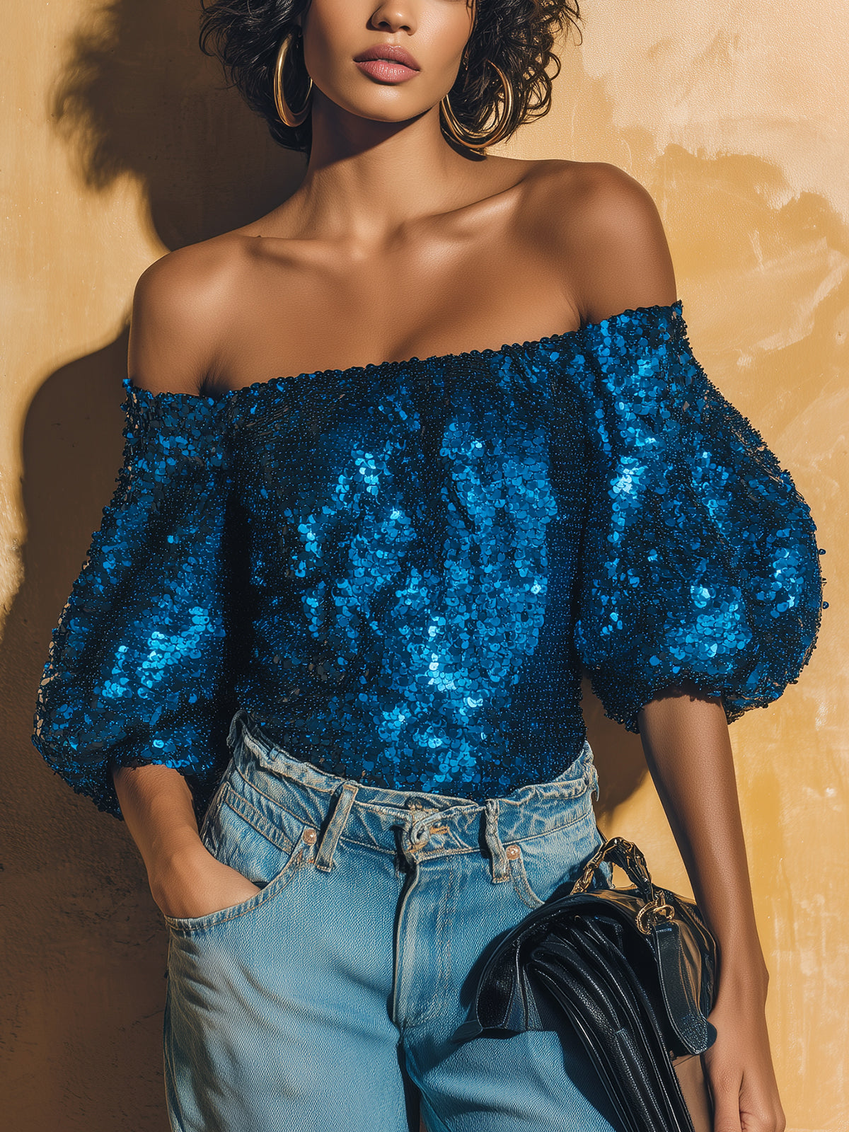 ElevenOra Chic Vintage Navy Sequins Off The Shoulder Lantern Sleeve Slim-Fit Shirt Top