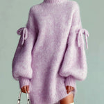 ElevenOra Chic Casual Lavender Round Neck Lantern Sleeve Bow-Embellished Oversized Fuzzy Knit Midi Dress