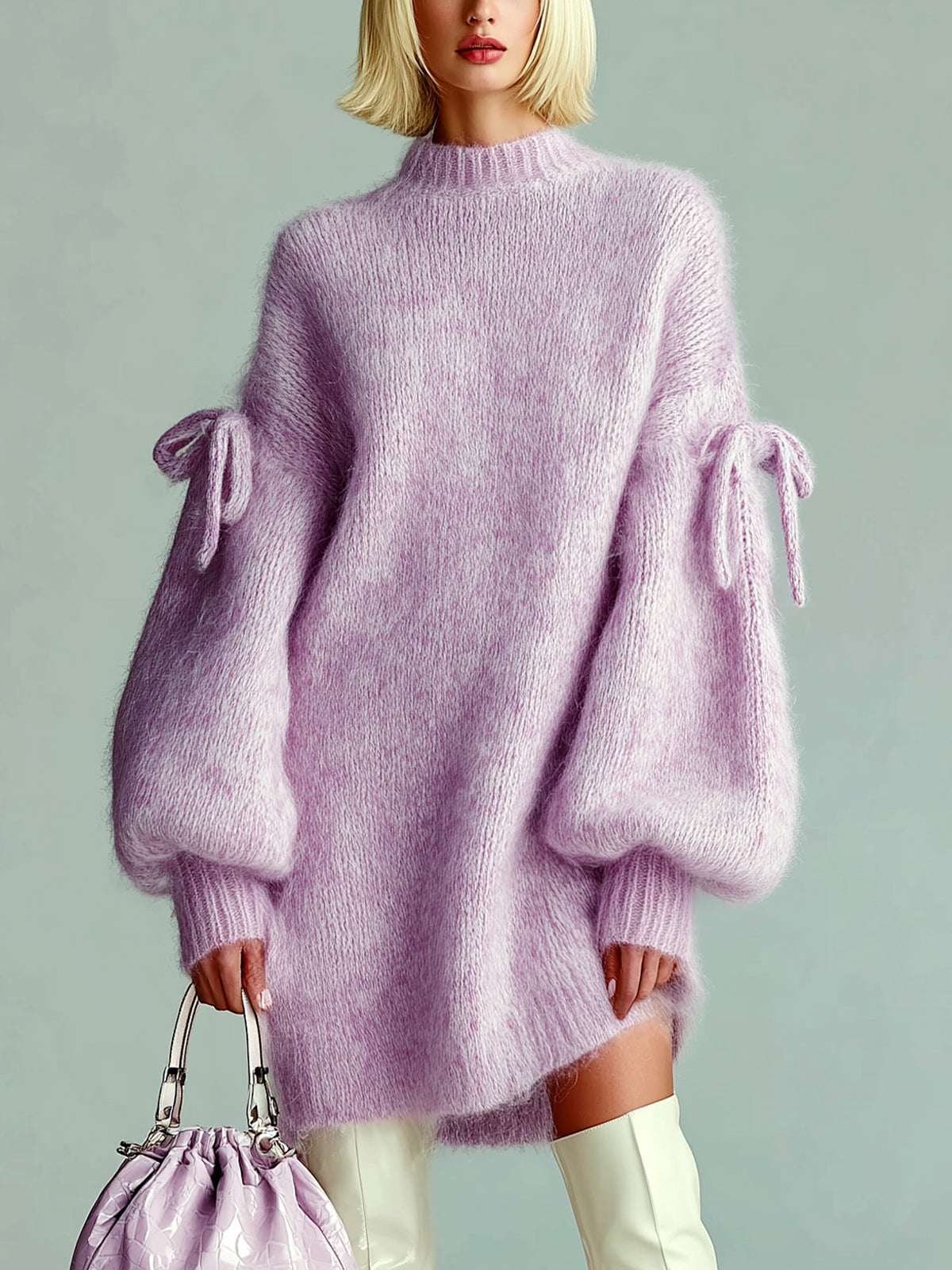 ElevenOra Chic Casual Lavender Round Neck Lantern Sleeve Bow-Embellished Oversized Fuzzy Knit Midi Dress